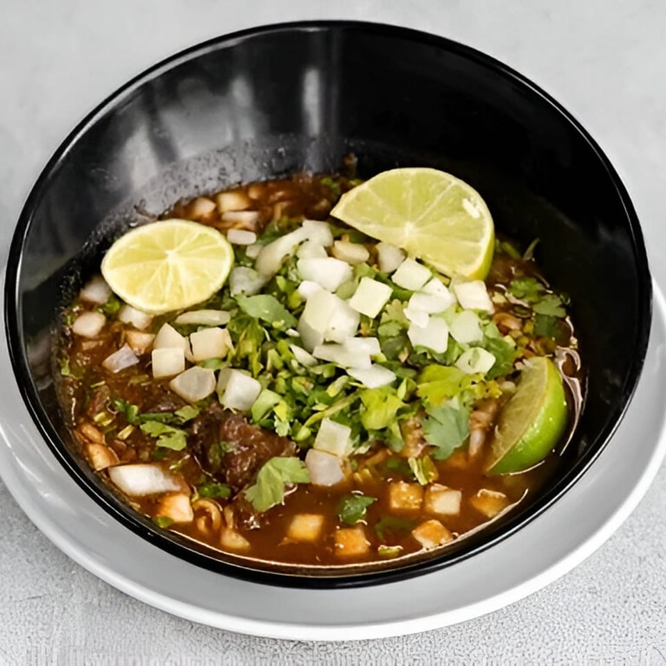 A black bowl of Smack'n Tacos birria stew, garnished with diced onions, cilantro, and lime wedges.