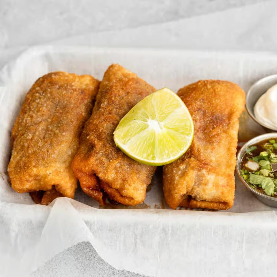 Three golden-fried taquitos with a lime wedge, served with two dipping sauces.